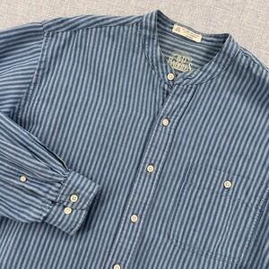 VTG BD Baggies Band Collar Shirt Men M Blue Stripe Linen Cotton Coastal Grandpa